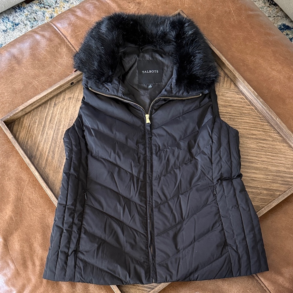 Talbots Black Quilted Vest with Faux Fur Trim